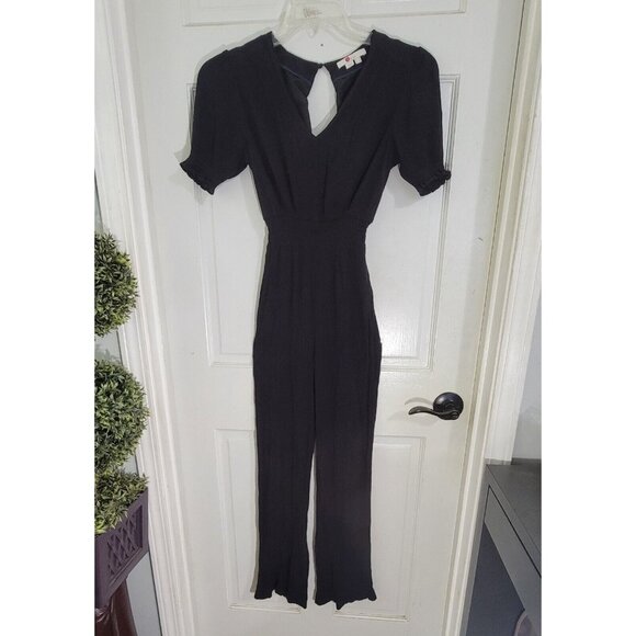 Boden Womens Black Smocked Waist V Neck Jumpsuit Keyhole Back Wide Leg Size 2R - Picture 4 of 8